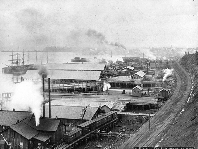 Everett’s turn of the century industrial look dubs it “The Pittsburgh of the West” with the Bell-Nelson Mill and others lining the bayfront, circa early 1900s.  

Photo courtesy of Everett Public Library, photographer George W. Kirk.
