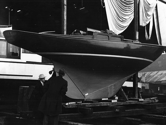 The new 28-foot Swift, built by the Morris Brothers, joins Everett’s fleet and is ready to be launched into the water at Tract M for its new owner, circa late 1940s. 
Photo courtesy of Larry and Jack O’Donnell. 
