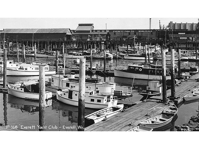 A view from the Everett Yacht Club building of the marina, when it was located between Piers 1 and 2.  
Photo courtesy of Port of Everett. 
